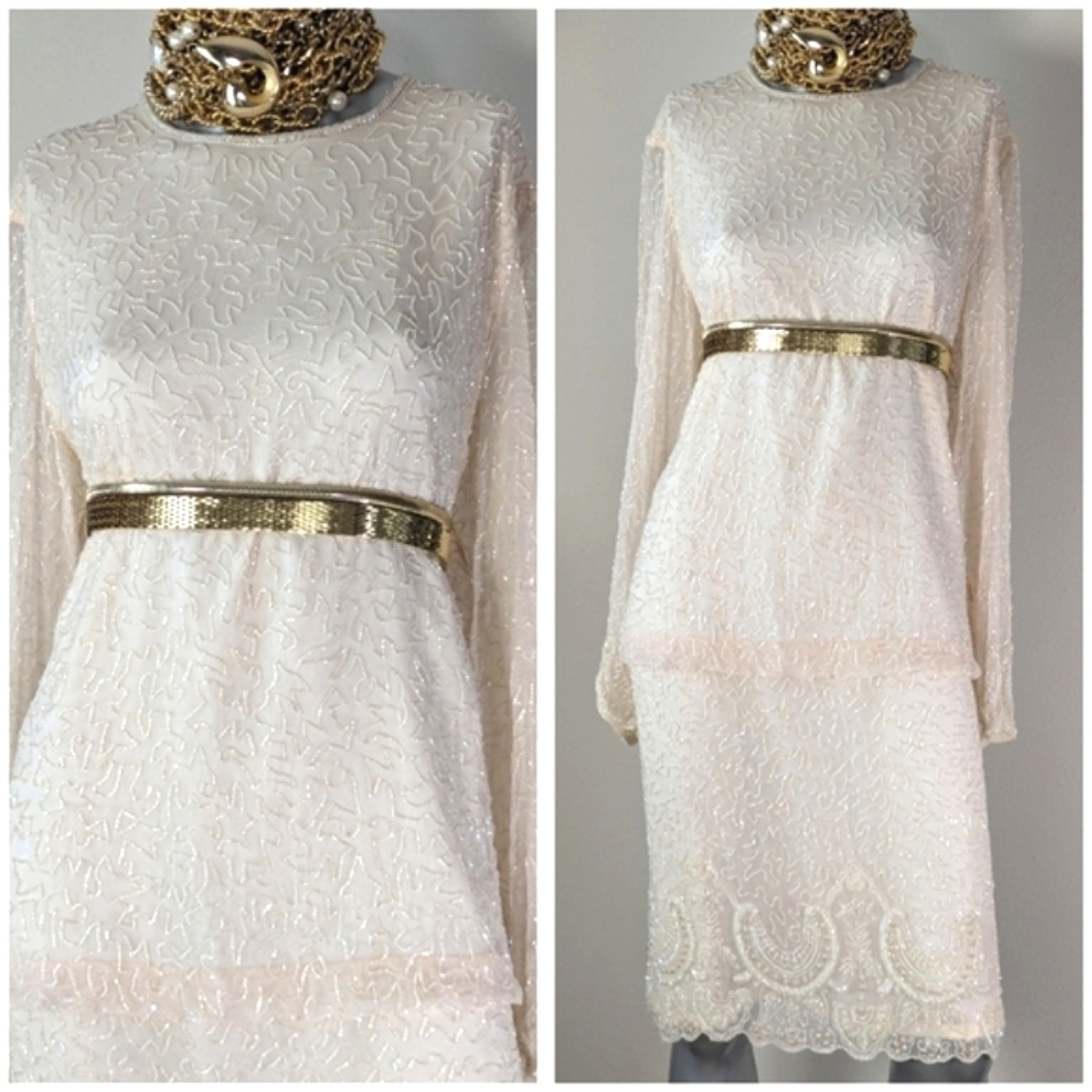 BRILLIANTE Silk Beaded Drop Waist Sequin Cocktail Evening Wedding XL Dress